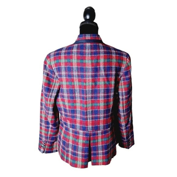 Talbots Womens Sz 12 Red Blue Green Wool Blend Tartan Plaid Crest Buttons Blazer - Picture 4 of 11